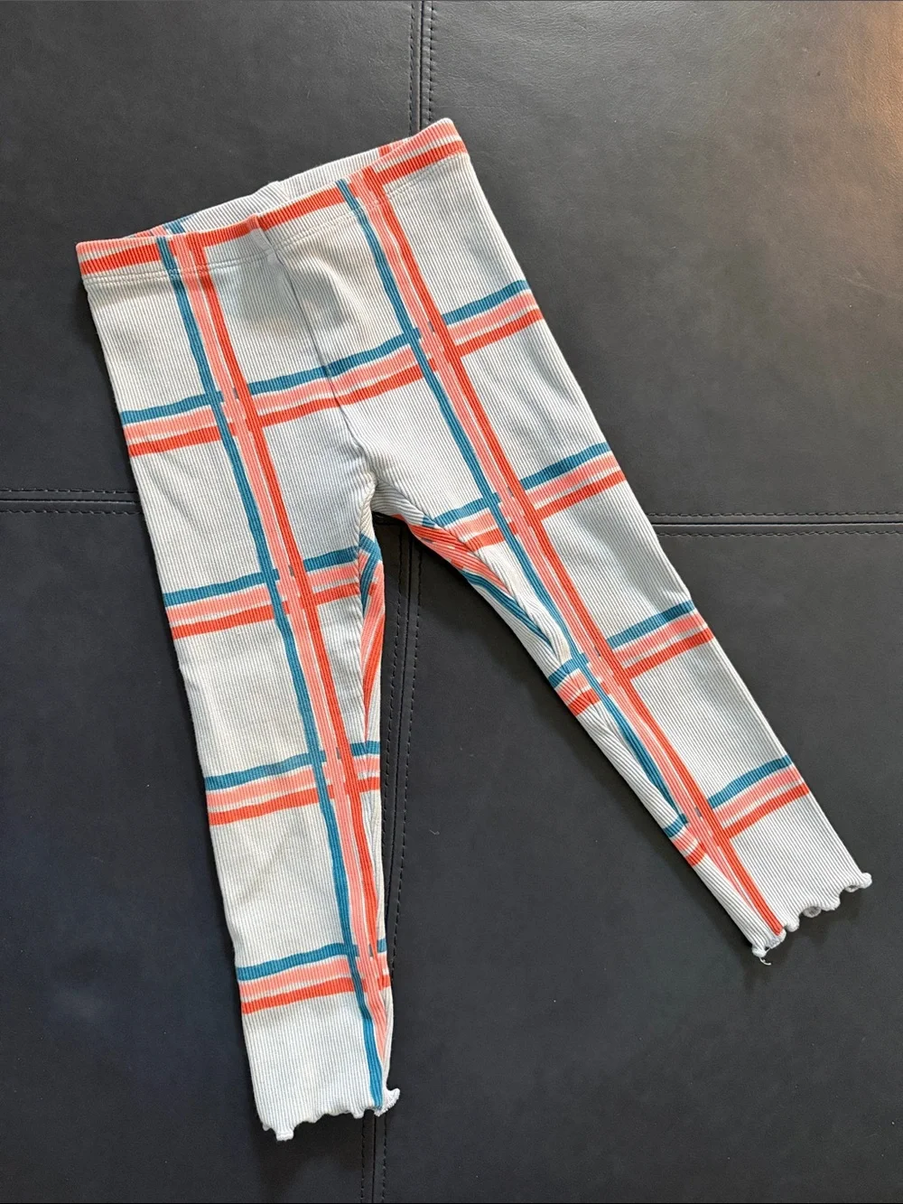 Kids pale blue Ribbed Leggings with Coral and Teal Plaid